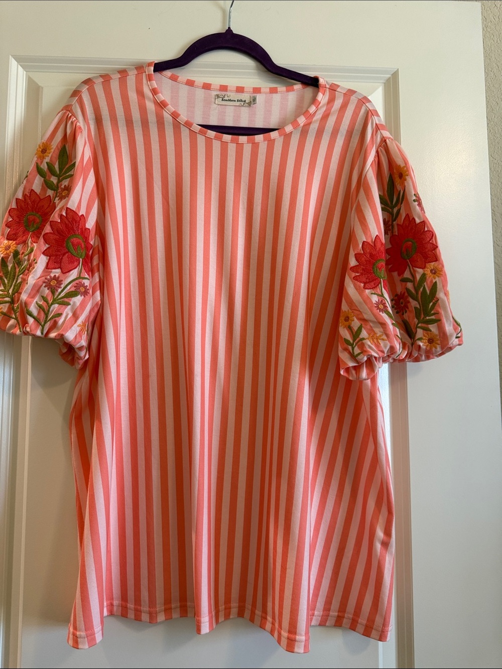 Southern Stitch Embroidered Pumpkin Stripe Puff-Sleeve Blouse
